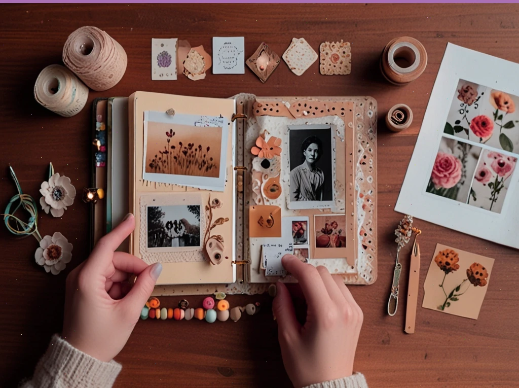 Ručne vyrobený album na scrapbooking - výstrižky, fotky, dekor
